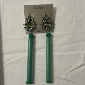 Tasha Green Rhinestone and Tassel Earrings